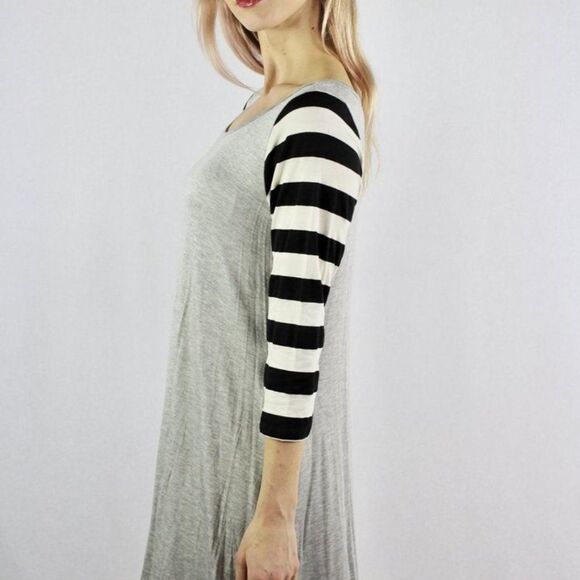 Miss 2 Day Stripe 3/4 Sleeve Wide Hem Women’s Small Gray Scoop Neck Dress - Picture 6 of 8